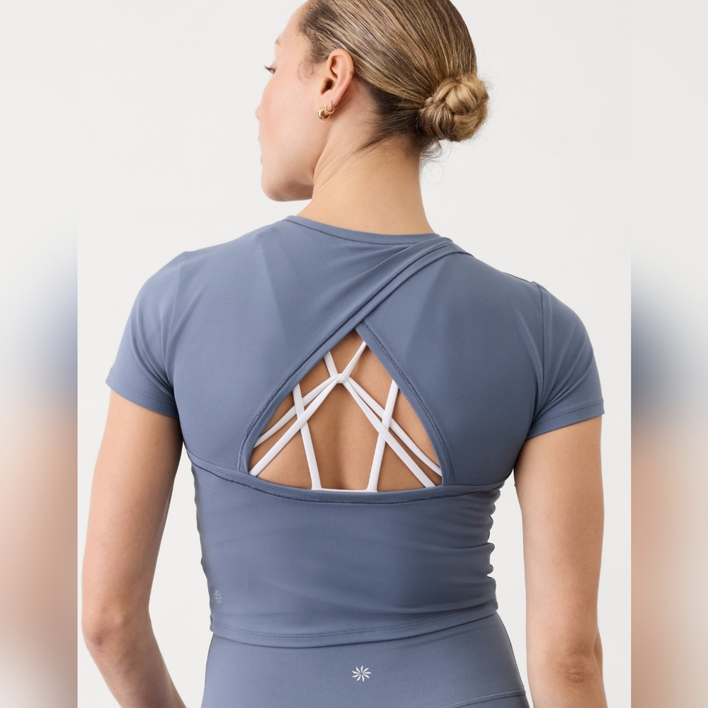 Athleta Transcend Open Back Tee Shadow Blue